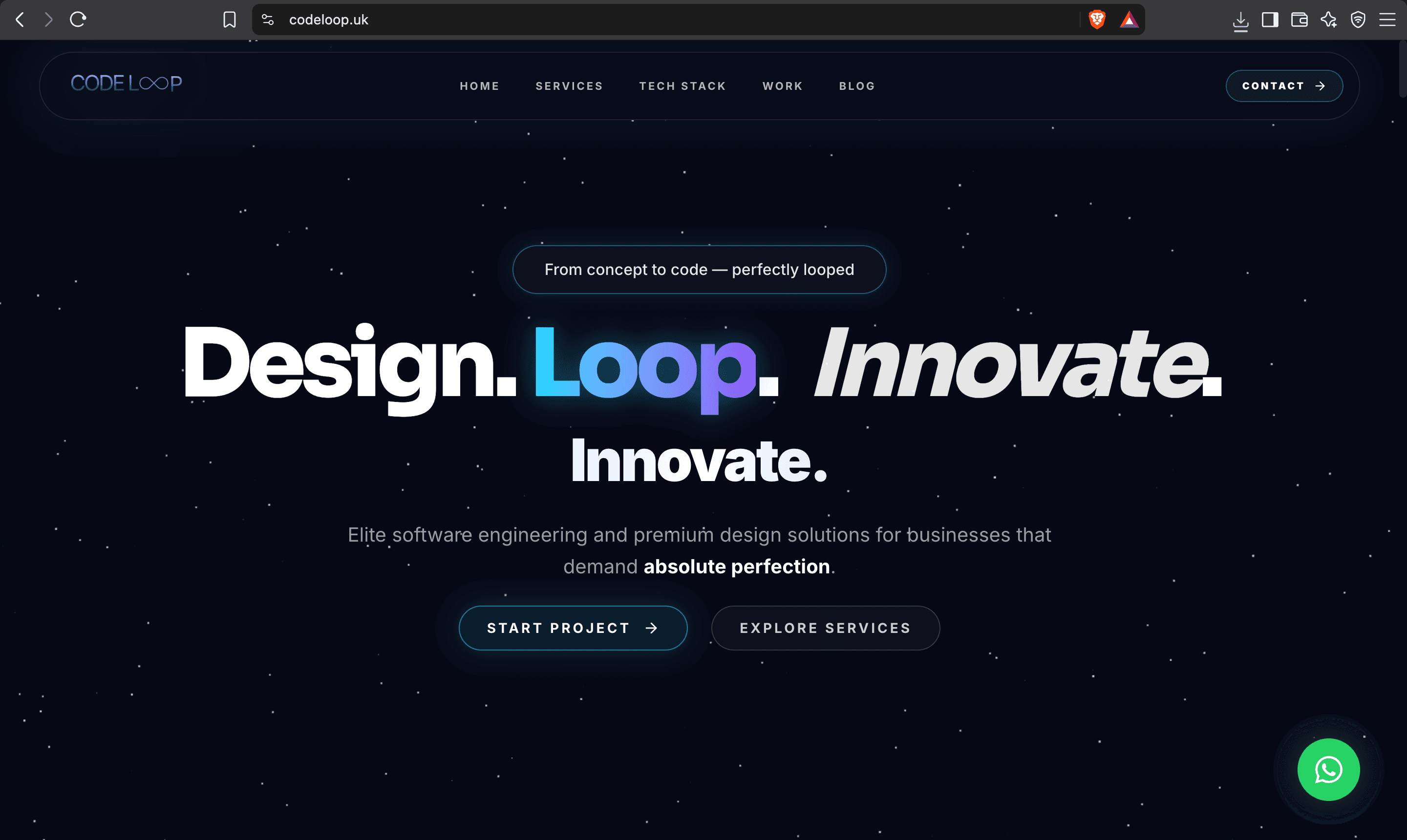 CodeLoop desktop agency website with its Design Loop Innovate message