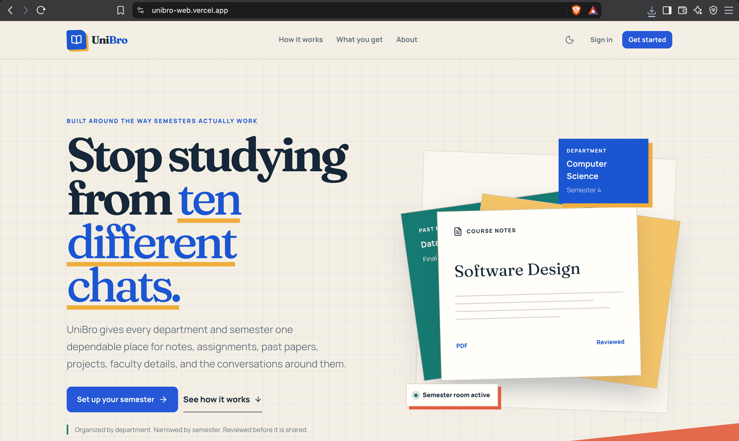 UniBro desktop landing page presenting a department and semester academic workspace